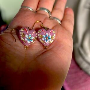 Hand Painted Pink  Glass Heart Pierced Earrings